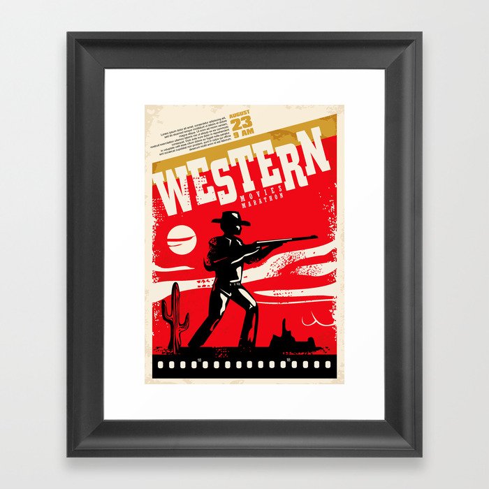 Western movies marathon retro poster design layout. Cinema festival. Vintage film poster with cowboy and wild west landscape.  Framed Art Print