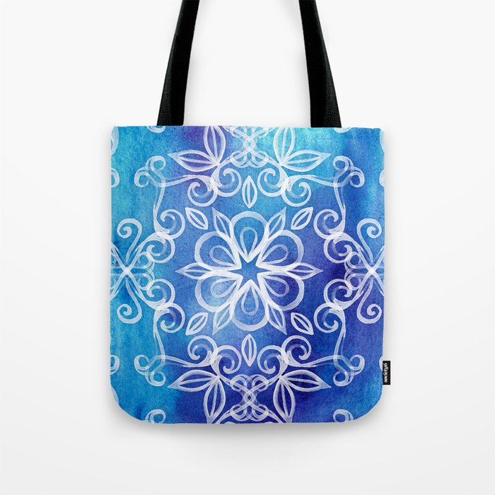 White Floral Painted Pattern on Blue Watercolor Tote Bag