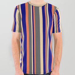 [ Thumbnail: Coral, Dim Gray, Tan & Blue Colored Pattern of Stripes All Over Graphic Tee ]