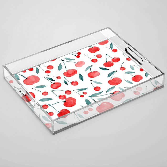 Watercolor cherries - red and teal Acrylic Tray