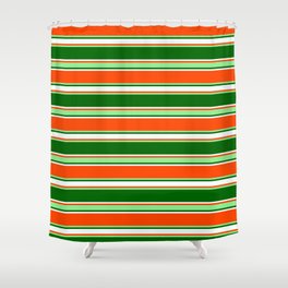 [ Thumbnail: Red, Light Green, Dark Green, and Mint Cream Colored Lined/Striped Pattern Shower Curtain ]