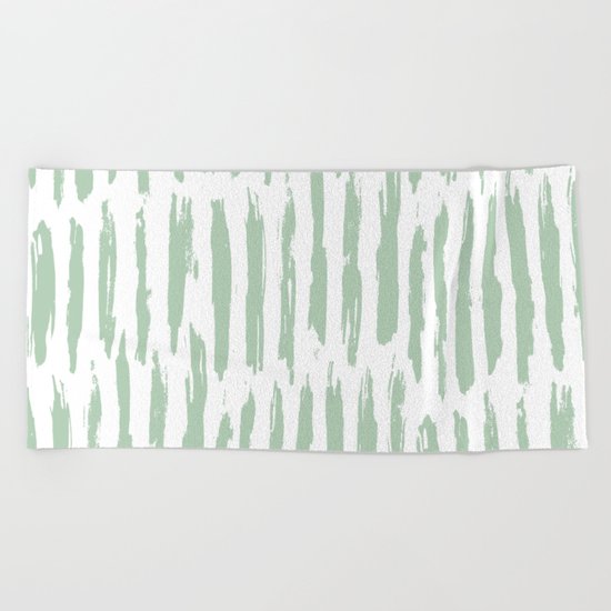 Vertical Dash Stripes Pastel Cactus Green on White Beach Towel