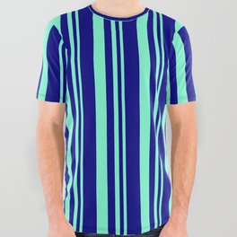 [ Thumbnail: Blue & Aquamarine Colored Lines/Stripes Pattern All Over Graphic Tee ]