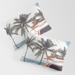 Vintage car parked on the tropical beach seaside with a surfboard on the roof - Leisure trip in the summer. Retro color effect Pillow Sham