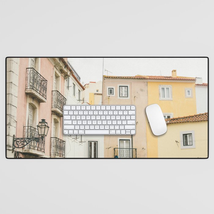 Old Town Lisbon Print - Portugal Photo - Pastel Architecture - Travel Photography Desk Mat