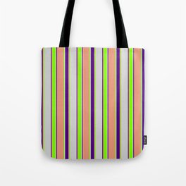 [ Thumbnail: Light Grey, Chartreuse, Dark Salmon, and Indigo Colored Striped/Lined Pattern Tote Bag ]