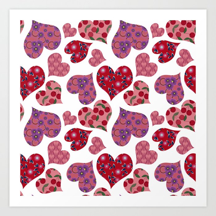Seamless pattern with hearts with floral ornament Art Print