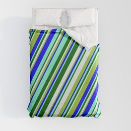 [ Thumbnail: Eyecatching Green, Blue, Aquamarine, Dark Green, and Mint Cream Colored Stripes Pattern Duvet Cover ]