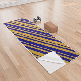[ Thumbnail: Goldenrod & Dark Blue Colored Lined/Striped Pattern Yoga Towel ]