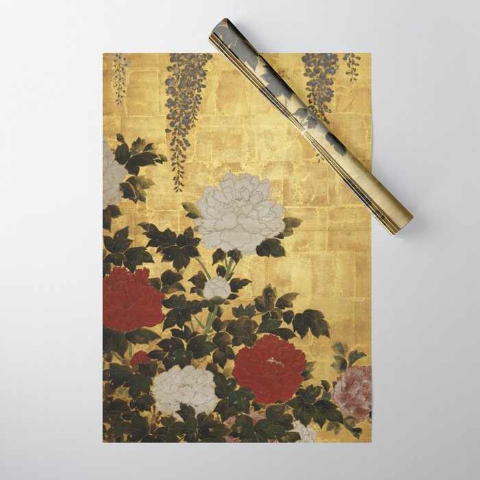 Vintage Japanese Floral Gold Leaf Screen With Wisteria and Peonies Wrapping Paper