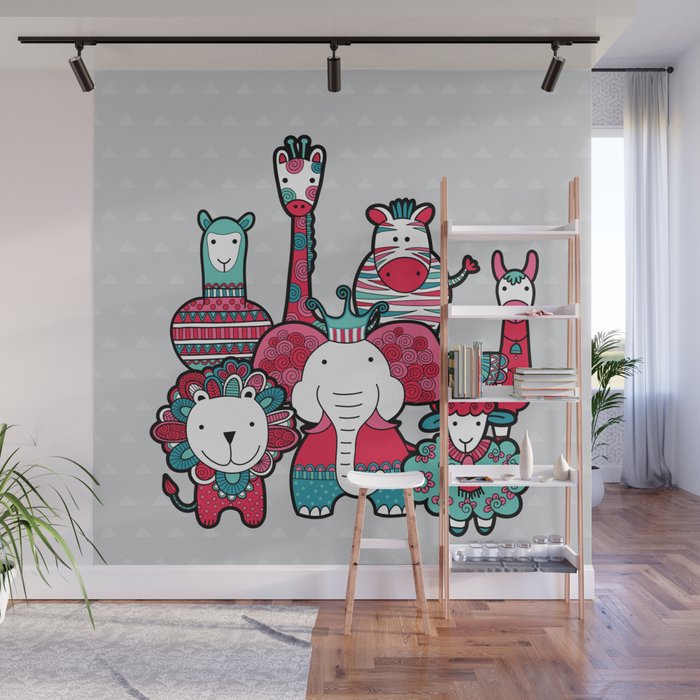 Doodle Animal Friends Pink Grey Wall Mural By Tazi Society6