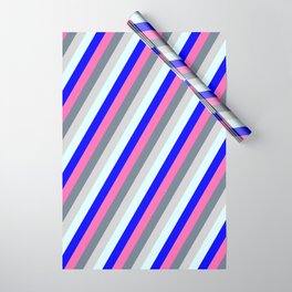 [ Thumbnail: Colorful Hot Pink, Slate Gray, Light Grey, Light Cyan & Blue Colored Striped Pattern Wrapping Paper ]