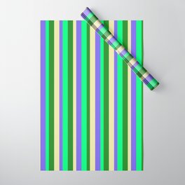 [ Thumbnail: Pale Goldenrod, Medium Slate Blue, Green & Forest Green Colored Lined/Striped Pattern Wrapping Paper ]