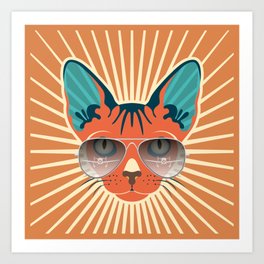 Retro Hipcat & His Sunglasses - Raw Sienna Sunburst Art Print