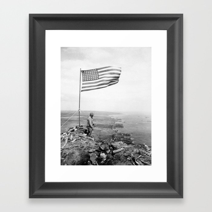 American Flag Flying Over Mount Suribachi - WWII Framed Art Print
