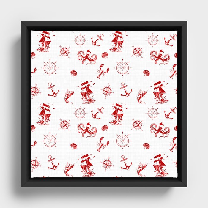 Red Silhouettes Of Vintage Nautical Pattern Framed Canvas