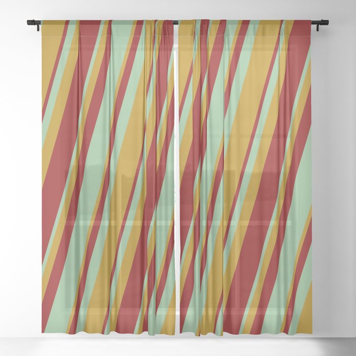 Dark Goldenrod, Dark Red & Dark Sea Green Colored Lined/Striped Pattern Sheer Curtain