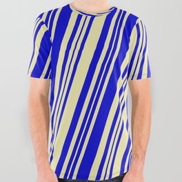 [ Thumbnail: Pale Goldenrod & Blue Colored Lines/Stripes Pattern All Over Graphic Tee ]