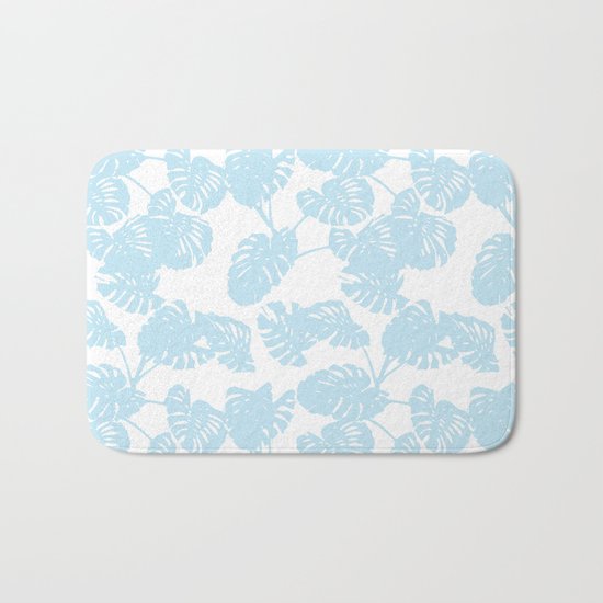 Blue monstera tropical leaves print Bath Mat