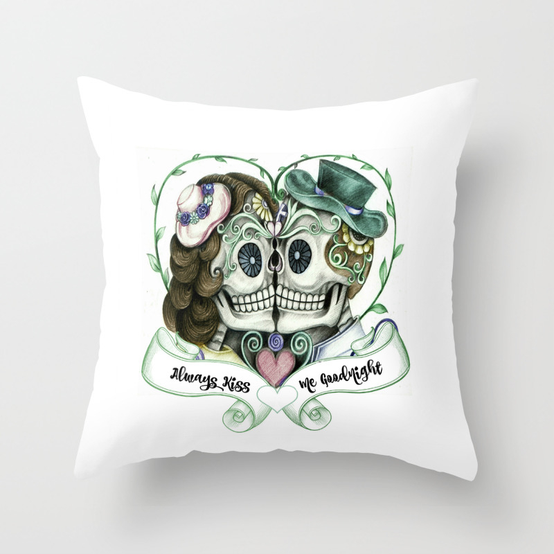 Skull Couple Always Kiss Me Goodnight Throw Pillow By Folknfunky