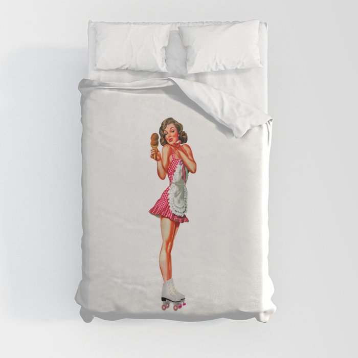Sexy Brunette Pin Up With Icecream Skates And Maid Dress Duvet Cover