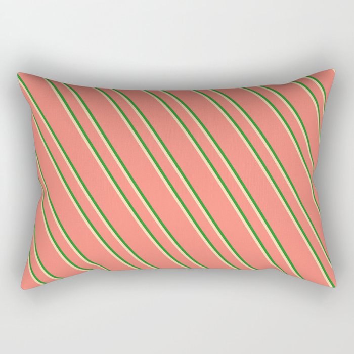 Salmon, Forest Green & Tan Colored Stripes Pattern Rectangular Pillow