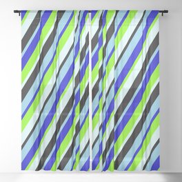 [ Thumbnail: Colorful Sky Blue, Blue, Chartreuse, Light Cyan & Black Colored Lines Pattern Sheer Curtain ]