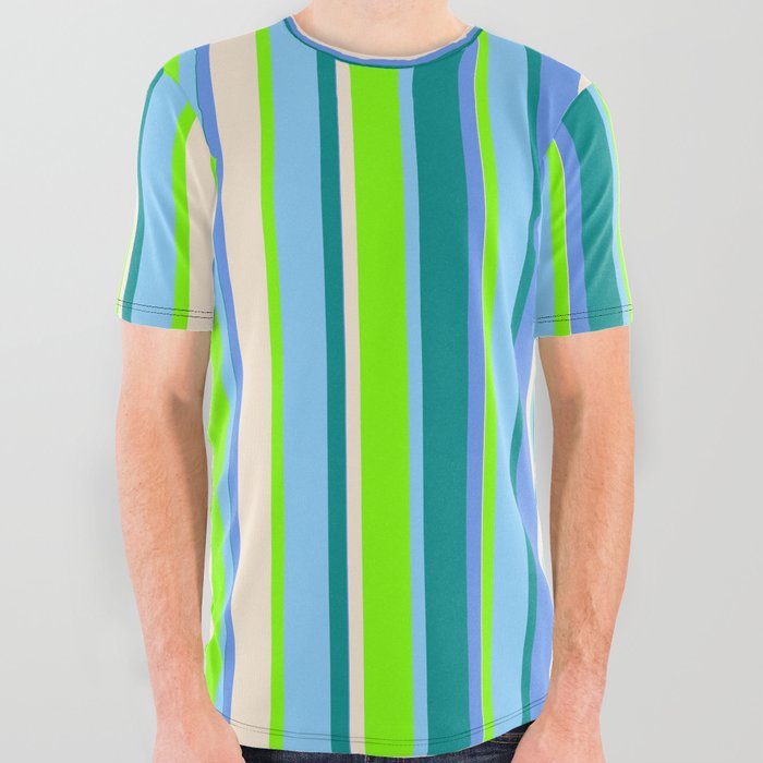 Eye-catching Chartreuse, Light Sky Blue, Dark Cyan, Cornflower Blue, and Beige Colored Lines Pattern All Over Graphic Tee