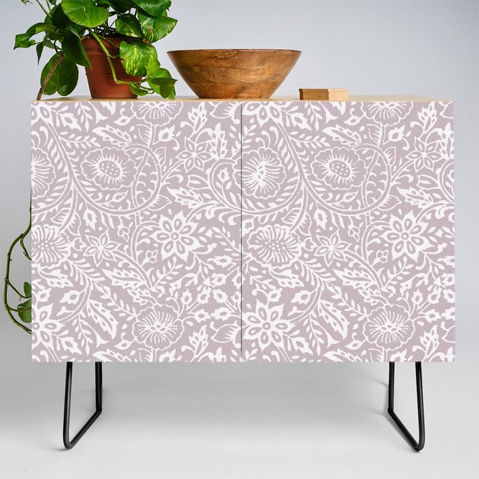 Woodblock print repeating pattern in gray and white Credenza
