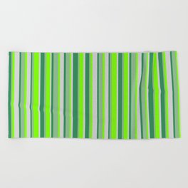 [ Thumbnail: Dark Sea Green, Sea Green, Light Grey, and Green Colored Lines/Stripes Pattern Beach Towel ]