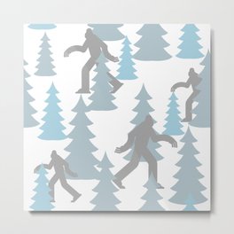 Pastel Blue Grey Winter Forest Yeti sasquatch silhouette  Abominable Snowman BigFoot  Metal Print