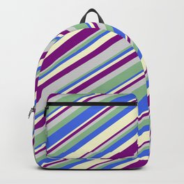 [ Thumbnail: Colorful Light Grey, Dark Sea Green, Royal Blue, Light Yellow & Purple Colored Lined/Striped Pattern Backpack ]