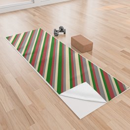 [ Thumbnail: Tan, Gray, Brown & Dark Green Colored Lines/Stripes Pattern Yoga Towel ]