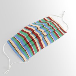 [ Thumbnail: Beige, Cornflower Blue, Sea Green, and Dark Red Colored Lines/Stripes Pattern Face Mask ]