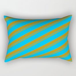 [ Thumbnail: Dark Goldenrod and Deep Sky Blue Colored Striped/Lined Pattern Rectangular Pillow ]