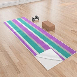 [ Thumbnail: Grey, Light Sea Green, Mint Cream, and Orchid Colored Lined Pattern Yoga Towel ]