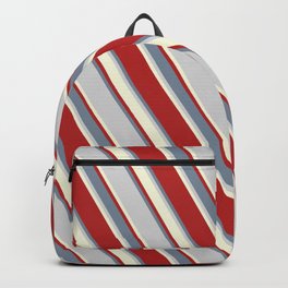 [ Thumbnail: Red, Light Slate Gray, Light Grey & Beige Colored Pattern of Stripes Backpack ]