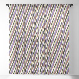 [ Thumbnail: Vibrant Tan, Slate Blue, Brown, White & Black Colored Lines Pattern Sheer Curtain ]