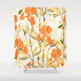 Seamless floral pattern. Arrangement orange iris flowers by delicately yellow leaves on a light cream color background. Hand-drawn illustration. Square repeating pattern Shower Curtain