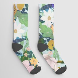 Watercolor Spring Flowers Birds Pattern Socks