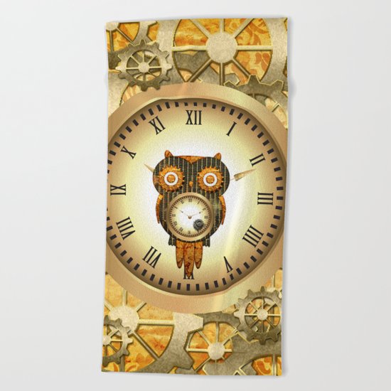 Steampunk, cute owl Beach Towel