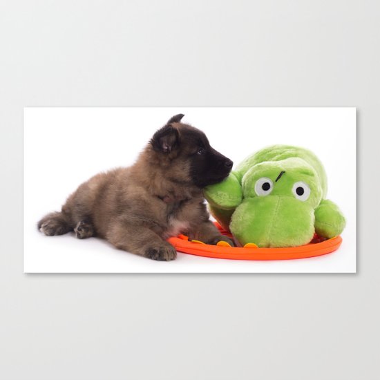 Puppy cuddling green toy Canvas Print