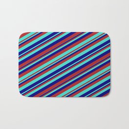 [ Thumbnail: Blue, Red & Turquoise Colored Stripes Pattern Bath Mat ]