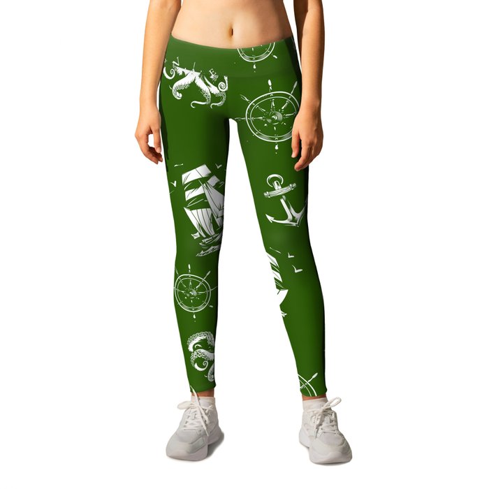 Green And White Silhouettes Of Vintage Nautical Pattern Leggings