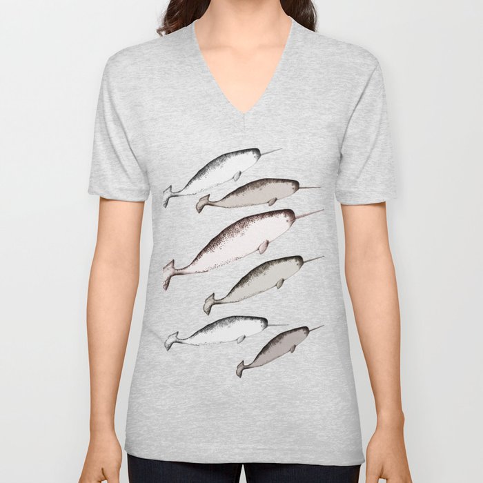 The Swim of Narwhal Whales - Whale Watercolor Illustration  V Neck T Shirt