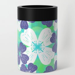 70’s Desert Flowers Periwinkle on Turquoise Can Cooler