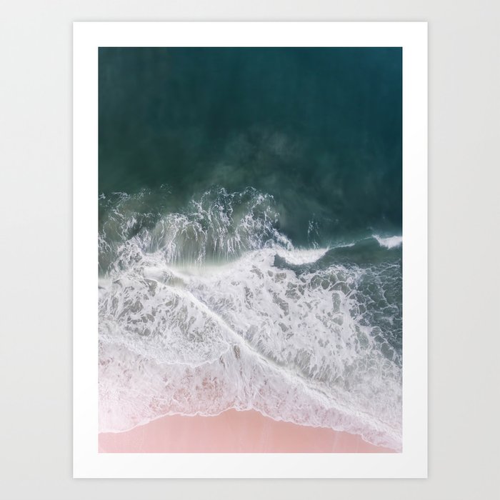 Aerial Beach Ocean Print - Pink Sand - Crashing Waves - Sea - Travel photography by Ingrid Beddoes Art Print