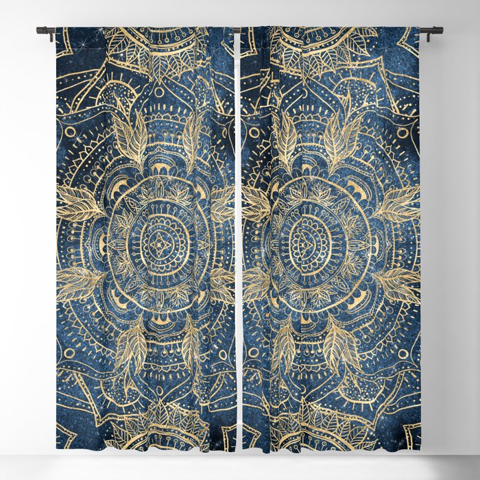 Elegant Gold Mandala Blue Whimsy Design Blackout Curtain