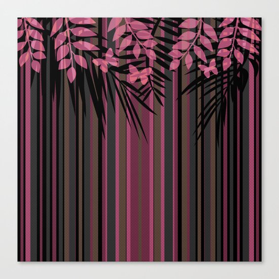 Butterflies and leaves on a striped red-and-black background . Canvas Print