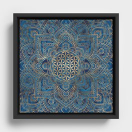 Flower of Life in Lotus Mandala - Blue Marble and Gold Framed Canvas